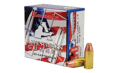 HORNADY AMERICAN GUNNER 9MM LUGER +P 124GR XTP 25RD 10BX/C - for sale