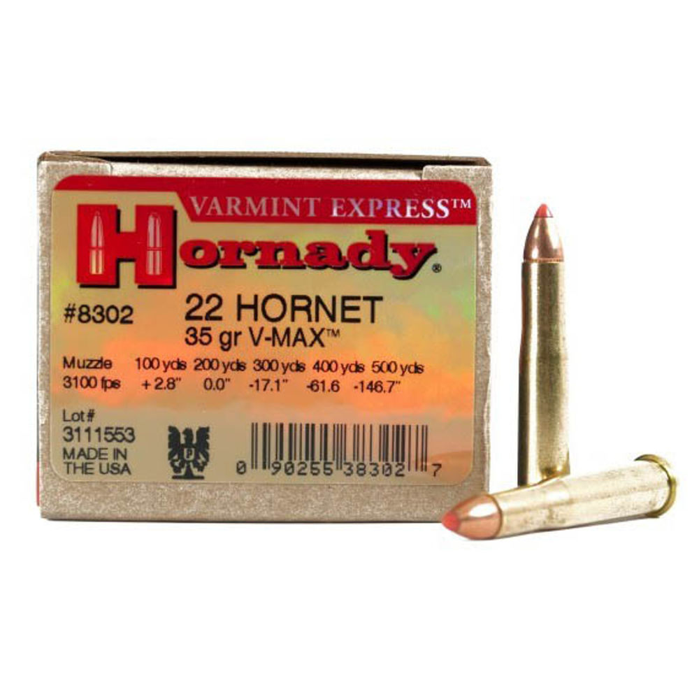 Caliber: 22 Hornet Bullet Type: V-Max Bullet Weight: 35 gr Muzzle Energy: 7...