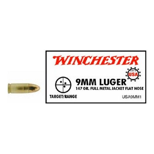 WINCHESTER USA 9MM LUGER 147GR FMJ-FLAT PT 50RD 10BX/CS - for sale